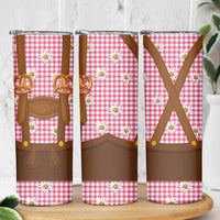 Traditional German Costume - Lederhosen and Soft Pretzel Skinny Tumbler Blue Plaid Pattern with Edelweiss Flowers