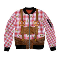 Traditional German Costume - Lederhosen and Soft Pretzel Sleeve Zip Bomber Jacket Blue Plaid Pattern with Edelweiss Flowers