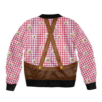 Traditional German Costume - Lederhosen and Soft Pretzel Sleeve Zip Bomber Jacket Blue Plaid Pattern with Edelweiss Flowers