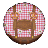 Traditional German Costume - Lederhosen and Soft Pretzel Spare Tire Cover Blue Plaid Pattern with Edelweiss Flowers
