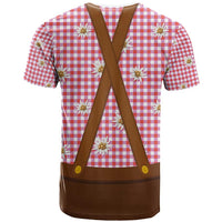 Traditional German Costume - Lederhosen and Soft Pretzel T Shirt Blue Plaid Pattern with Edelweiss Flowers