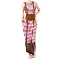 Traditional German Costume - Lederhosen and Soft Pretzel Tank Maxi Dress Blue Plaid Pattern with Edelweiss Flowers