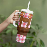Traditional German Costume - Lederhosen and Soft Pretzel Tumbler With Handle Blue Plaid Pattern with Edelweiss Flowers