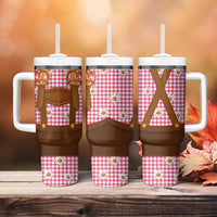 Traditional German Costume - Lederhosen and Soft Pretzel Tumbler With Handle Blue Plaid Pattern with Edelweiss Flowers