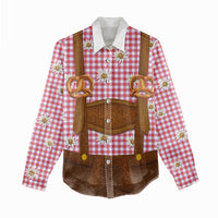 Traditional German Costume - Lederhosen and Soft Pretzel Women Casual Shirt Blue Plaid Pattern with Edelweiss Flowers
