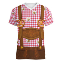 Traditional German Costume - Lederhosen and Soft Pretzel Women V-Neck T-Shirt Blue Plaid Pattern with Edelweiss Flowers