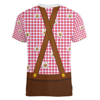 Traditional German Costume - Lederhosen and Soft Pretzel Women V-Neck T-Shirt Blue Plaid Pattern with Edelweiss Flowers