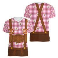 Traditional German Costume - Lederhosen and Soft Pretzel Women V-Neck T-Shirt Blue Plaid Pattern with Edelweiss Flowers
