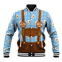 Traditional German Costume - Lederhosen and Soft Pretzel Baseball Jacket Red Plaid Pattern with Edelweiss Flowers