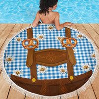 Traditional German Costume - Lederhosen and Soft Pretzel Beach Blanket Red Plaid Pattern with Edelweiss Flowers