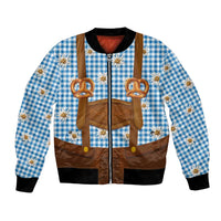Traditional German Costume - Lederhosen and Soft Pretzel Bomber Jacket Red Plaid Pattern with Edelweiss Flowers