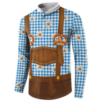 Traditional German Costume - Lederhosen and Soft Pretzel Button Sweatshirt Red Plaid Pattern with Edelweiss Flowers