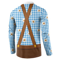 Traditional German Costume - Lederhosen and Soft Pretzel Button Sweatshirt Red Plaid Pattern with Edelweiss Flowers