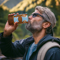 Traditional German Costume - Lederhosen and Soft Pretzel 4 in 1 Can Cooler Tumbler Red Plaid Pattern with Edelweiss Flowers