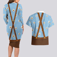 Traditional German Costume - Lederhosen and Soft Pretzel Couples Matching Long Sleeve Bodycon Dress and Hawaiian Shirt Red Plaid Pattern with Edelweiss Flowers