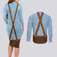 Traditional German Costume - Lederhosen and Soft Pretzel Couples Matching Long Sleeve Bodycon Dress and Long Sleeve Button Shirt Red Plaid Pattern with Edelweiss Flowers