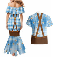 Traditional German Costume - Lederhosen and Soft Pretzel Couples Matching Mermaid Dress and Hawaiian Shirt Red Plaid Pattern with Edelweiss Flowers