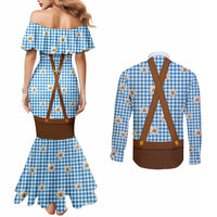 Traditional German Costume - Lederhosen and Soft Pretzel Couples Matching Mermaid Dress and Long Sleeve Button Shirt Red Plaid Pattern with Edelweiss Flowers