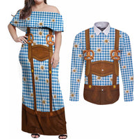 Traditional German Costume - Lederhosen and Soft Pretzel Couples Matching Off Shoulder Maxi Dress and Long Sleeve Button Shirt Red Plaid Pattern with Edelweiss Flowers