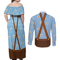 Traditional German Costume - Lederhosen and Soft Pretzel Couples Matching Off Shoulder Maxi Dress and Long Sleeve Button Shirt Red Plaid Pattern with Edelweiss Flowers