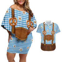 Traditional German Costume - Lederhosen and Soft Pretzel Couples Matching Off Shoulder Short Dress and Hawaiian Shirt Red Plaid Pattern with Edelweiss Flowers