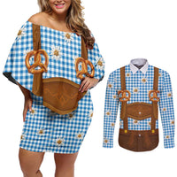 Traditional German Costume - Lederhosen and Soft Pretzel Couples Matching Off Shoulder Short Dress and Long Sleeve Button Shirt Red Plaid Pattern with Edelweiss Flowers