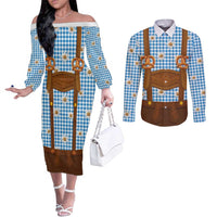 Traditional German Costume - Lederhosen and Soft Pretzel Couples Matching Off The Shoulder Long Sleeve Dress and Long Sleeve Button Shirt Red Plaid Pattern with Edelweiss Flowers