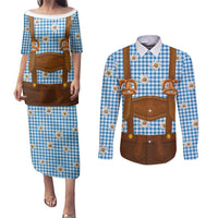 Traditional German Costume - Lederhosen and Soft Pretzel Couples Matching Puletasi and Long Sleeve Button Shirt Red Plaid Pattern with Edelweiss Flowers