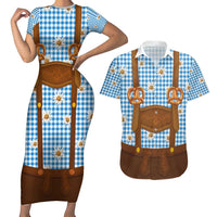 Traditional German Costume - Lederhosen and Soft Pretzel Couples Matching Short Sleeve Bodycon Dress and Hawaiian Shirt Red Plaid Pattern with Edelweiss Flowers