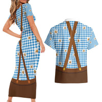 Traditional German Costume - Lederhosen and Soft Pretzel Couples Matching Short Sleeve Bodycon Dress and Hawaiian Shirt Red Plaid Pattern with Edelweiss Flowers