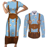Traditional German Costume - Lederhosen and Soft Pretzel Couples Matching Short Sleeve Bodycon Dress and Long Sleeve Button Shirt Red Plaid Pattern with Edelweiss Flowers