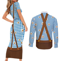 Traditional German Costume - Lederhosen and Soft Pretzel Couples Matching Short Sleeve Bodycon Dress and Long Sleeve Button Shirt Red Plaid Pattern with Edelweiss Flowers