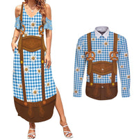 Traditional German Costume - Lederhosen and Soft Pretzel Couples Matching Summer Maxi Dress and Long Sleeve Button Shirt Red Plaid Pattern with Edelweiss Flowers