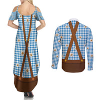 Traditional German Costume - Lederhosen and Soft Pretzel Couples Matching Summer Maxi Dress and Long Sleeve Button Shirt Red Plaid Pattern with Edelweiss Flowers