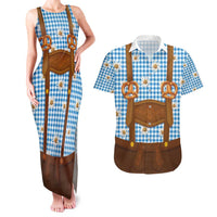 Traditional German Costume - Lederhosen and Soft Pretzel Couples Matching Tank Maxi Dress and Hawaiian Shirt Red Plaid Pattern with Edelweiss Flowers