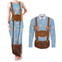 Traditional German Costume - Lederhosen and Soft Pretzel Couples Matching Tank Maxi Dress and Long Sleeve Button Shirt Red Plaid Pattern with Edelweiss Flowers