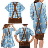 Traditional German Costume - Lederhosen and Soft Pretzel Family Matching Long Sleeve Bodycon Dress and Hawaiian Shirt Red Plaid Pattern with Edelweiss Flowers