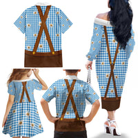 Traditional German Costume - Lederhosen and Soft Pretzel Family Matching Off The Shoulder Long Sleeve Dress and Hawaiian Shirt Red Plaid Pattern with Edelweiss Flowers