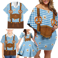 Traditional German Costume - Lederhosen and Soft Pretzel Family Matching Off Shoulder Short Dress and Hawaiian Shirt Red Plaid Pattern with Edelweiss Flowers