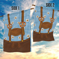 Traditional German Costume - Lederhosen and Soft Pretzel Garden Flag Red Plaid Pattern with Edelweiss Flowers