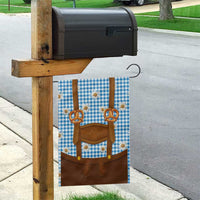 Traditional German Costume - Lederhosen and Soft Pretzel Garden Flag Red Plaid Pattern with Edelweiss Flowers