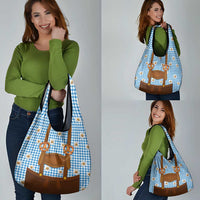 Traditional German Costume - Lederhosen and Soft Pretzel Grocery Bag Red Plaid Pattern with Edelweiss Flowers