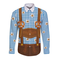 Traditional German Costume - Lederhosen and Soft Pretzel Long Sleeve Button Shirt Red Plaid Pattern with Edelweiss Flowers