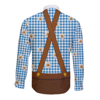Traditional German Costume - Lederhosen and Soft Pretzel Long Sleeve Button Shirt Red Plaid Pattern with Edelweiss Flowers