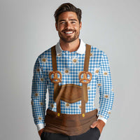 Traditional German Costume - Lederhosen and Soft Pretzel Long Sleeve Polo Shirt Red Plaid Pattern with Edelweiss Flowers