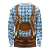 Traditional German Costume - Lederhosen and Soft Pretzel Long Sleeve Shirt Red Plaid Pattern with Edelweiss Flowers