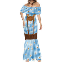 Traditional German Costume - Lederhosen and Soft Pretzel Mermaid Dress Red Plaid Pattern with Edelweiss Flowers