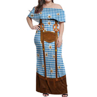 Traditional German Costume - Lederhosen and Soft Pretzel Off Shoulder Maxi Dress Red Plaid Pattern with Edelweiss Flowers
