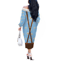 Traditional German Costume - Lederhosen and Soft Pretzel Off The Shoulder Long Sleeve Dress Red Plaid Pattern with Edelweiss Flowers
