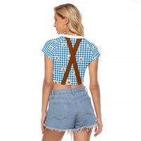 Traditional German Costume - Lederhosen and Soft Pretzel Raglan Cropped T Shirt Red Plaid Pattern with Edelweiss Flowers